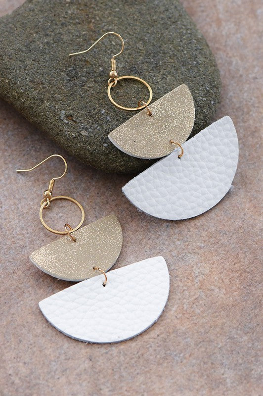 White and Gold Half Circle Leather Earrings
