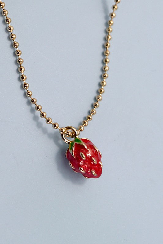 Strawberry Charm Gold Ball Chain Necklace