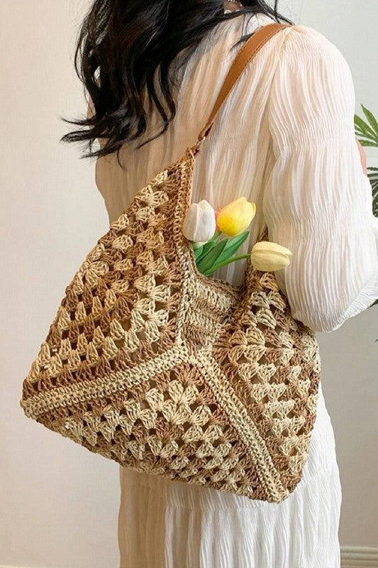 Vintage Woven Straw Crochet Bucket Bag