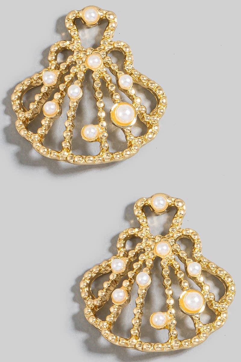 The Pearl Studded Metallic Clam Shell Stud Drop Earrings