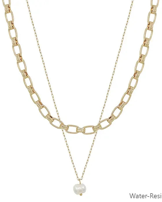 Water Resistant Gold Layered Chain Necklace with Freshwater Pearls