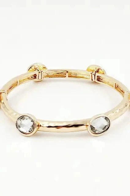 Hammered Gold Textured and Clear Stone Stretch Bracelet