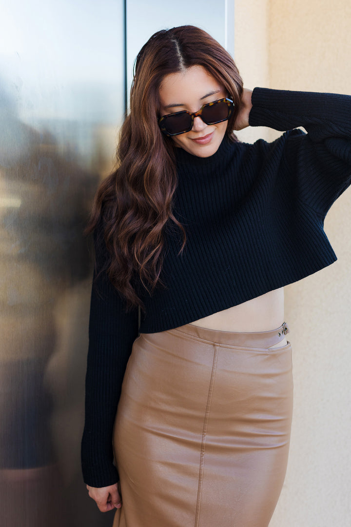 The Rock With It Camel Faux Leather Midi Skirt