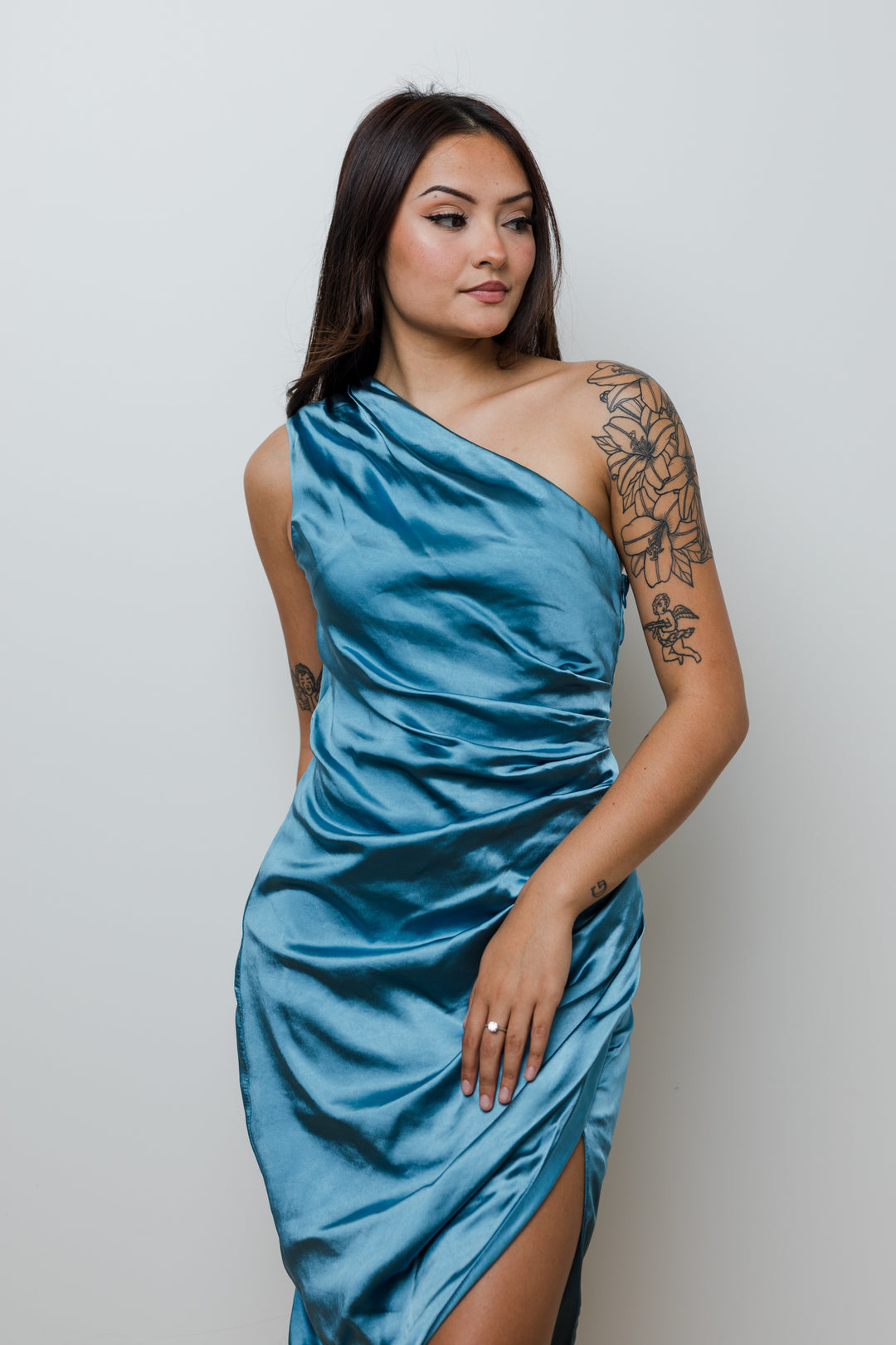 The Wedding Guest Satin Ruched Midi Dress