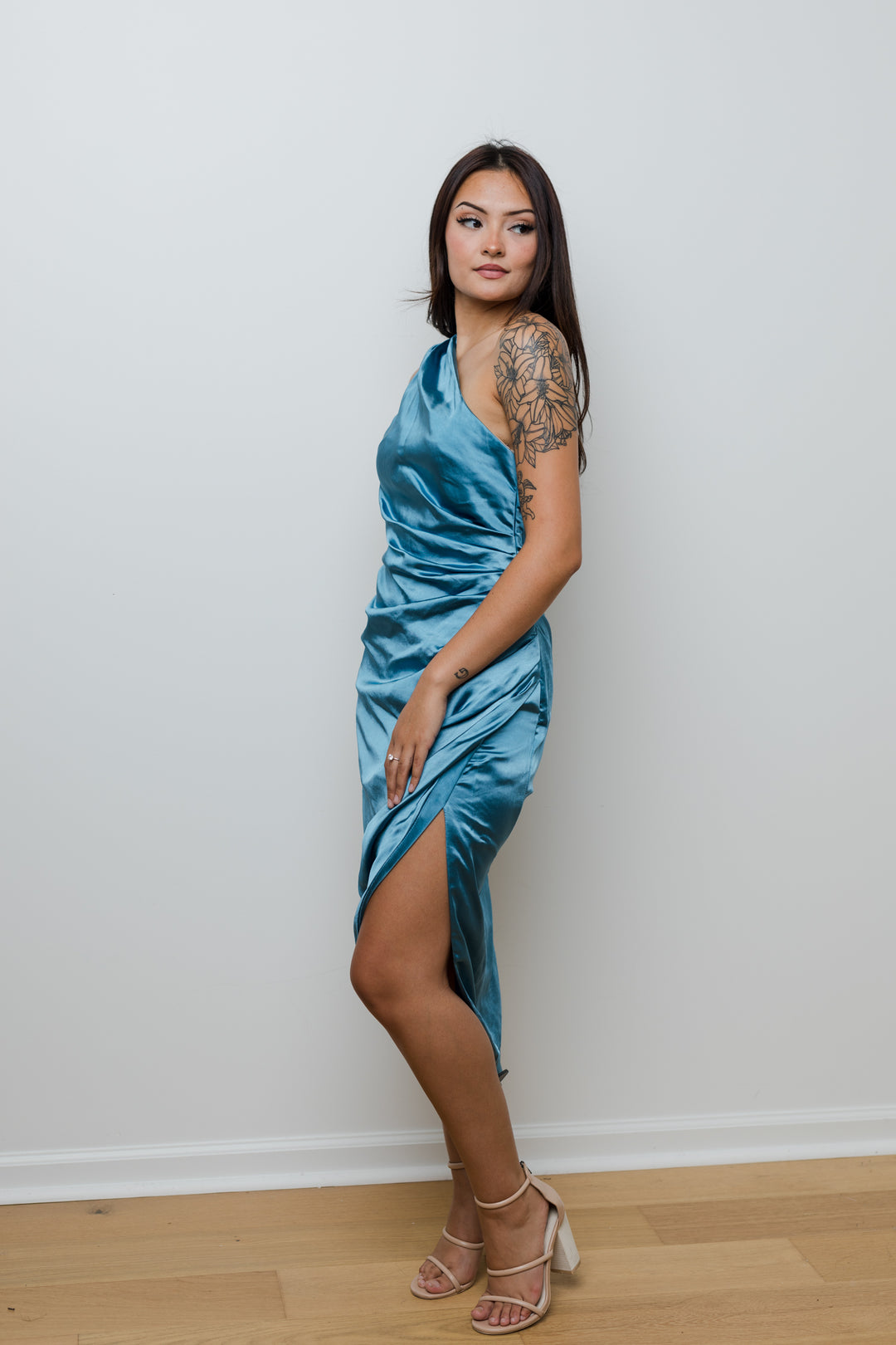 The Wedding Guest Satin Ruched Midi Dress