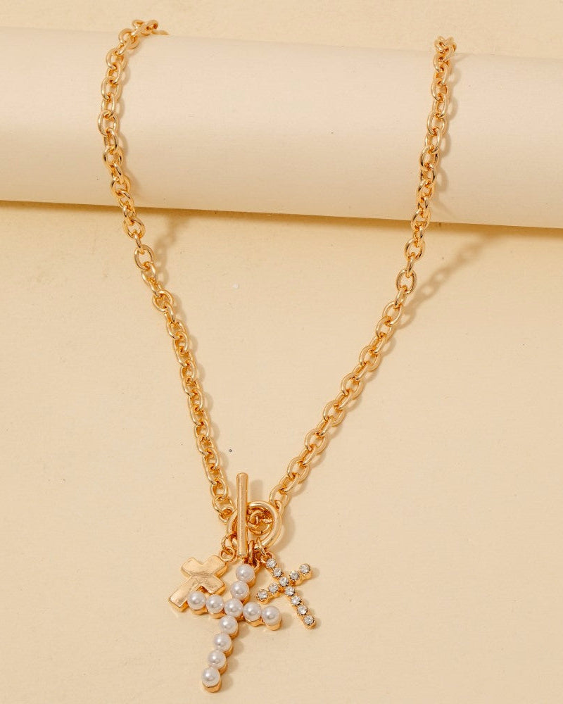 The Pearl And Glass Pave Cross Charms Toggle Chain Necklace
