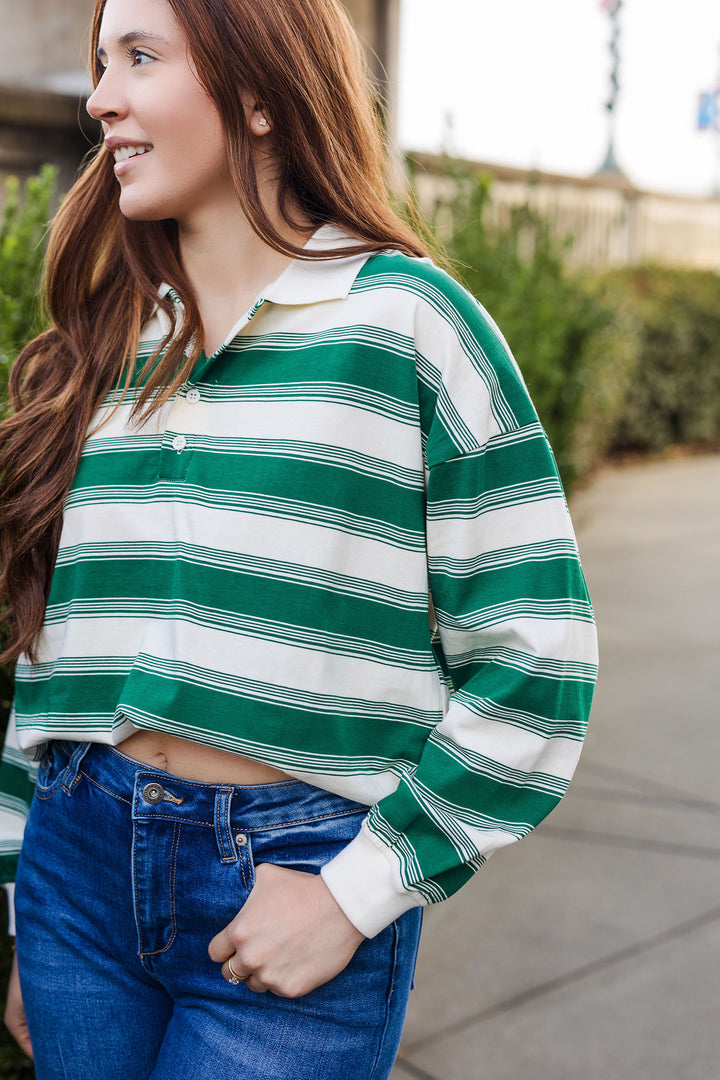 The Put Me In Coach Cream and Green Striped Collared Top