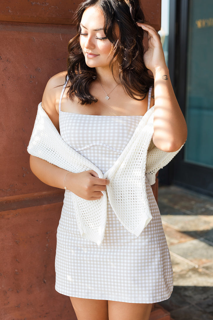 The Fit to Flirt Tan Gingham Exercise Mini Dress