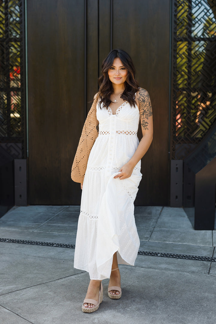 The Sunbeam Eyelet Lace Inset Tiered Maxi Dress