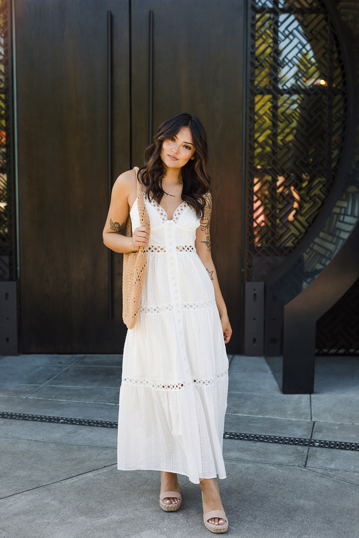 The Sunbeam Eyelet Lace Inset Tiered Maxi Dress