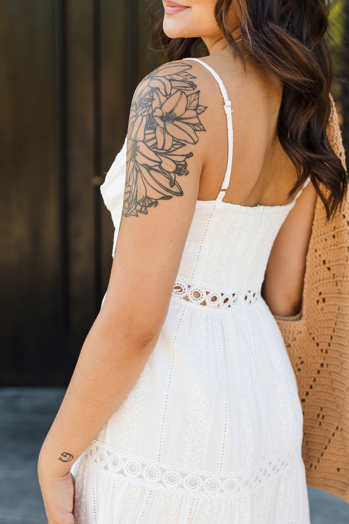 The Sunbeam Eyelet Lace Inset Tiered Maxi Dress