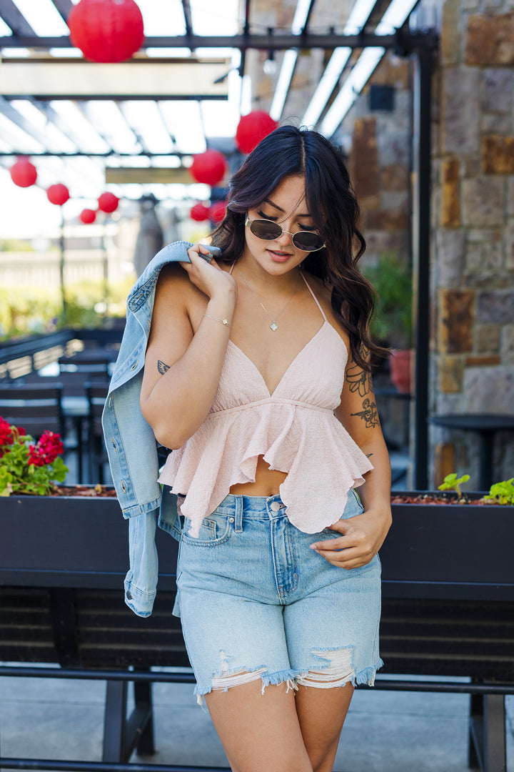 The High-low Ruffle Strapless Open Neck Crop Top