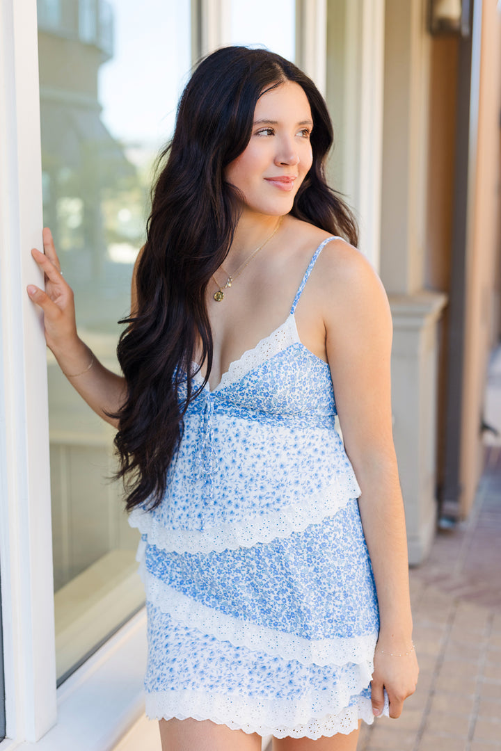 The Catch My Breath Blue Floral Mini Dress