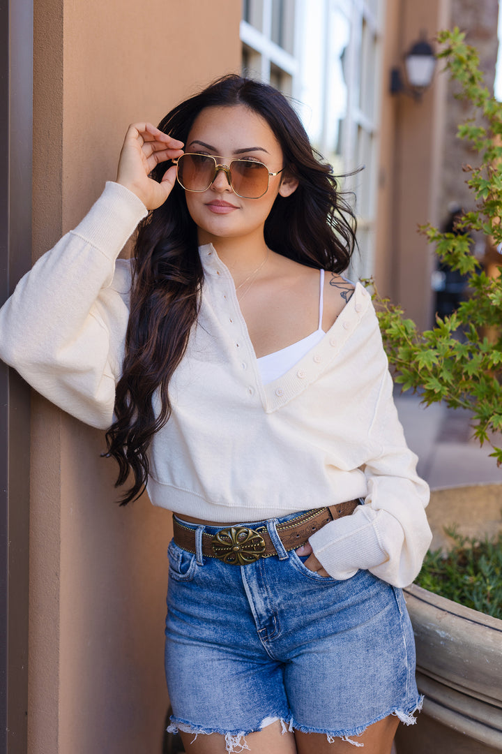 The Chill Pill Soft Knit Button Cropped Sweater