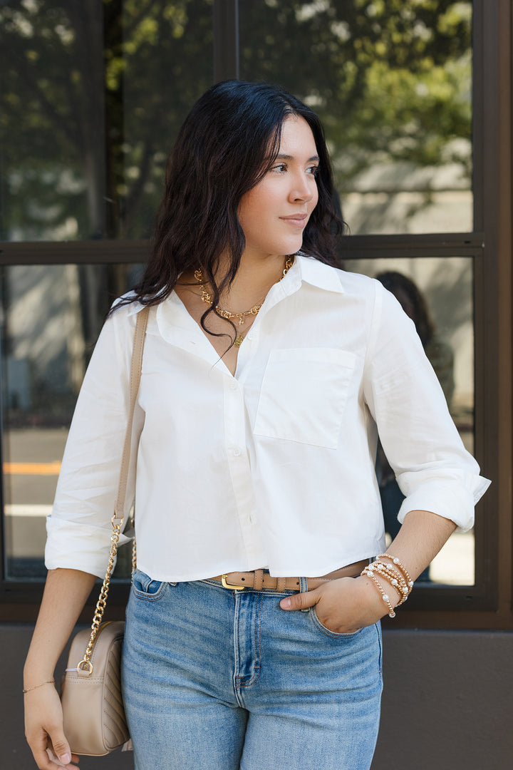 The Boardroom White Button Up Cropped Shirt