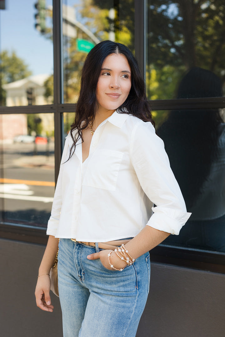 The Boardroom White Button Up Cropped Shirt