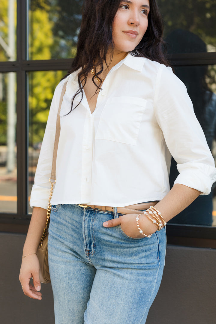 The Boardroom White Button Up Cropped Shirt