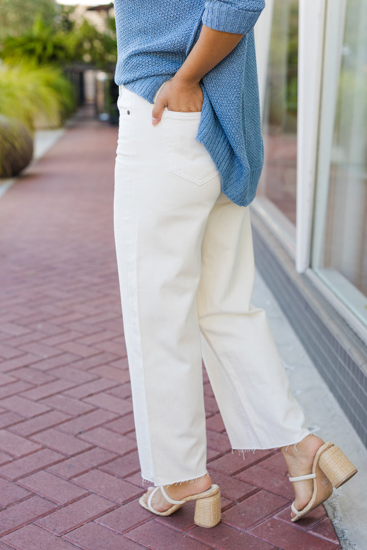 The Sea Salt Wide Leg Raw Hem Cropped Jeans by Hidden