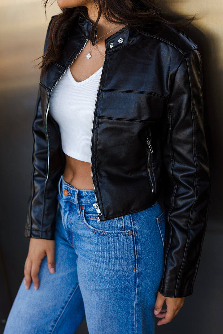 The Moto Black Faux Leather Cropped Jacket