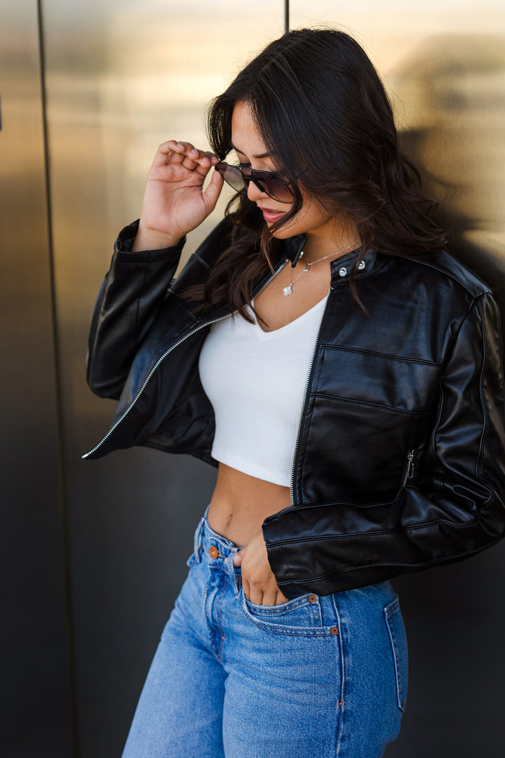 The Moto Black Faux Leather Cropped Jacket