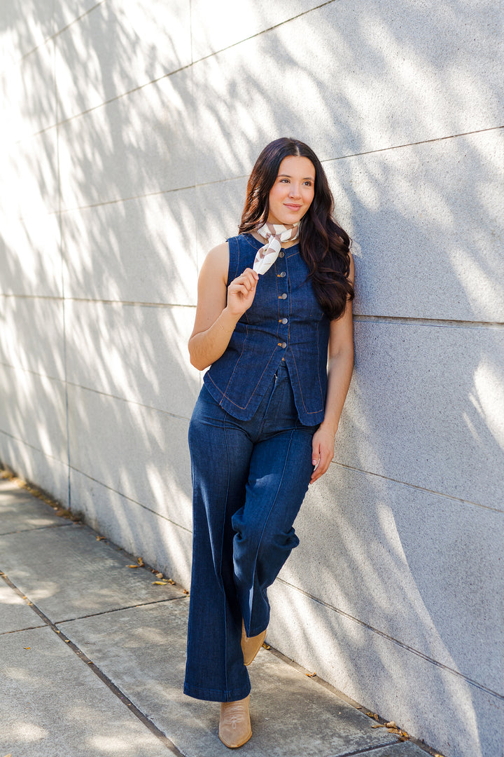 The Round About Dark Denim Button Front Vest Top