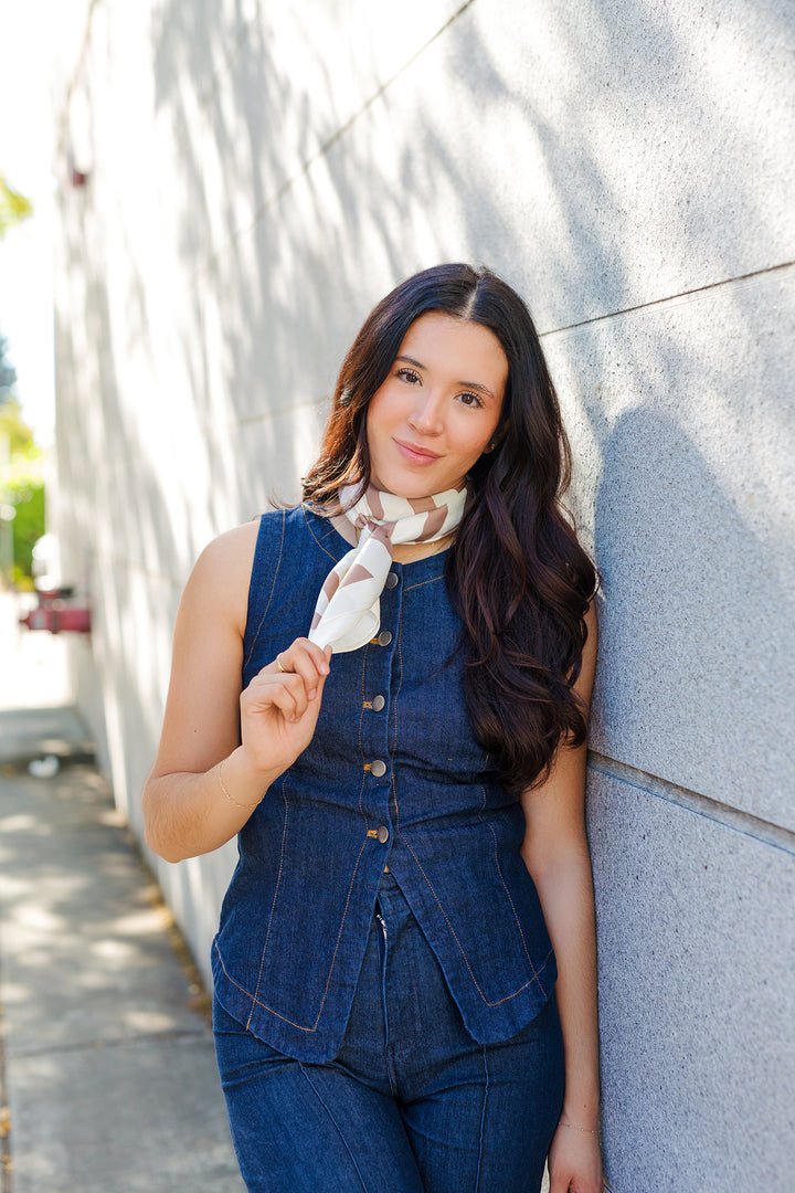 The Round About Dark Denim Button Front Vest Top