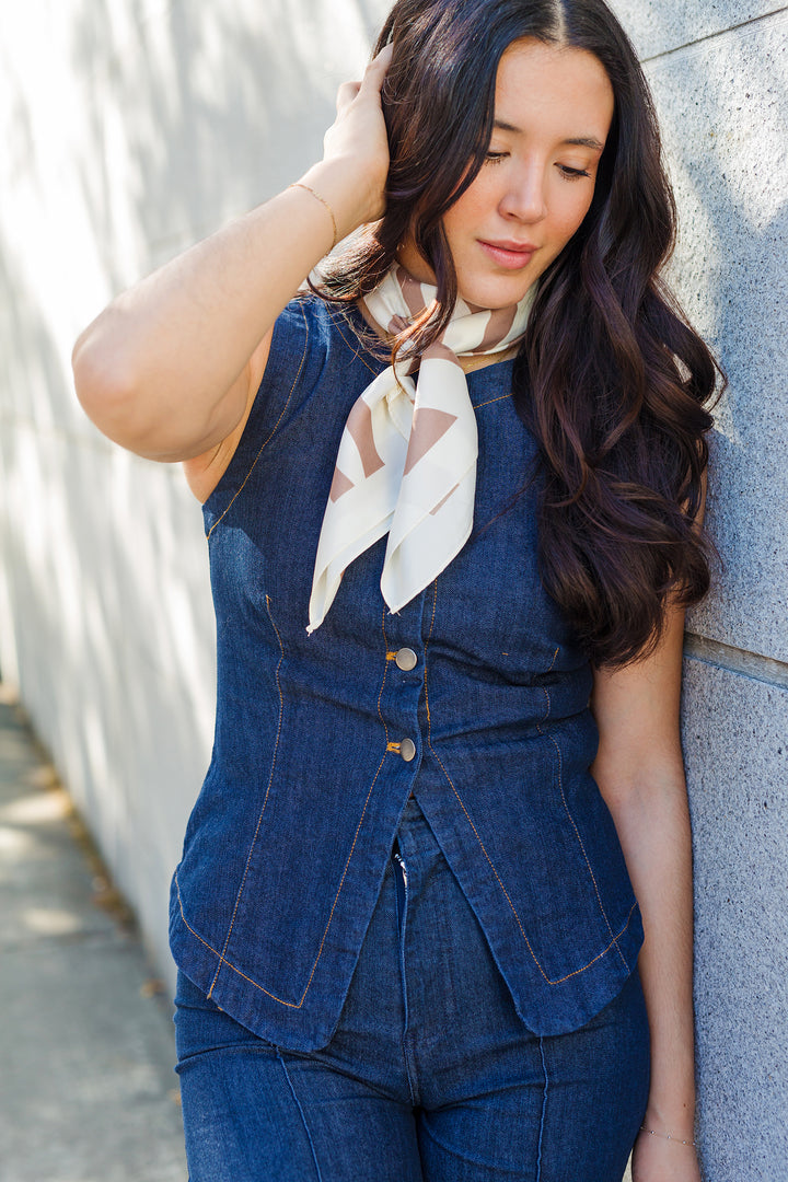 The Round About Dark Denim Button Front Vest Top