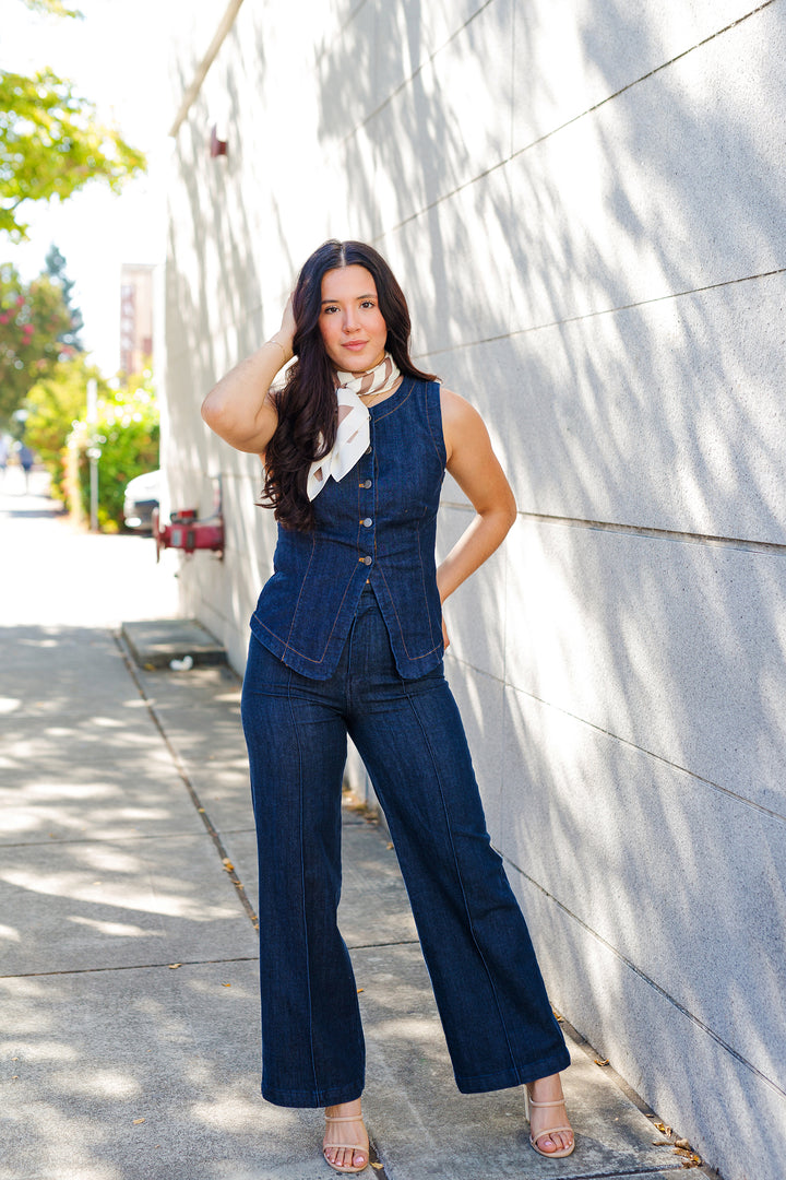 The Round About Dark Denim Button Front Vest Top