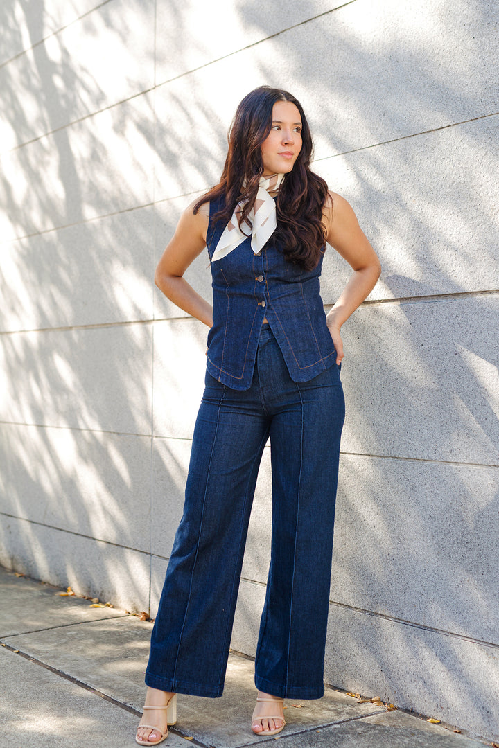 The Round About Dark Denim Button Front Vest Top
