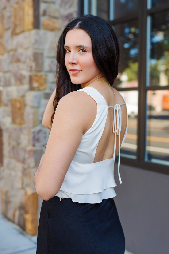 The Marlow Satin Open Back Flutter Top