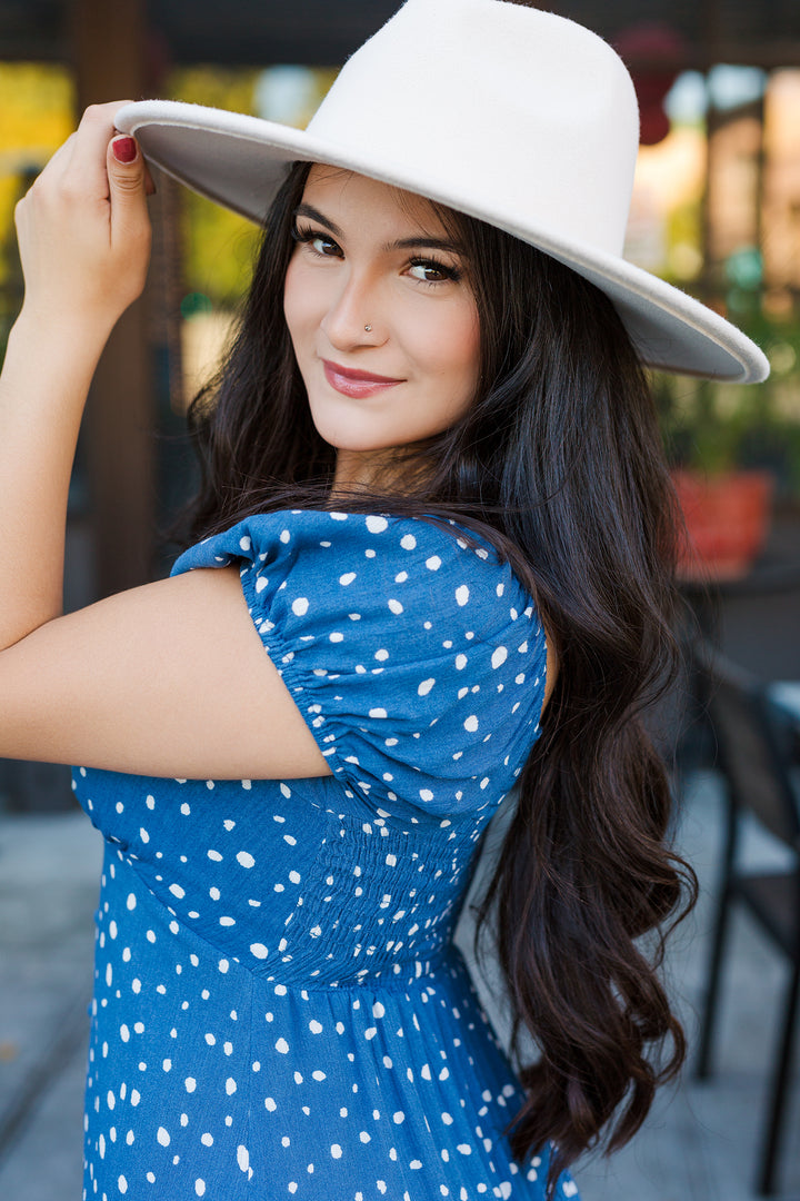 The Wishing And Waiting Blue Spotted Midi Dress