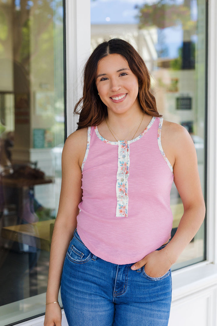 The Visalia Pink Floral Trim Tank Top