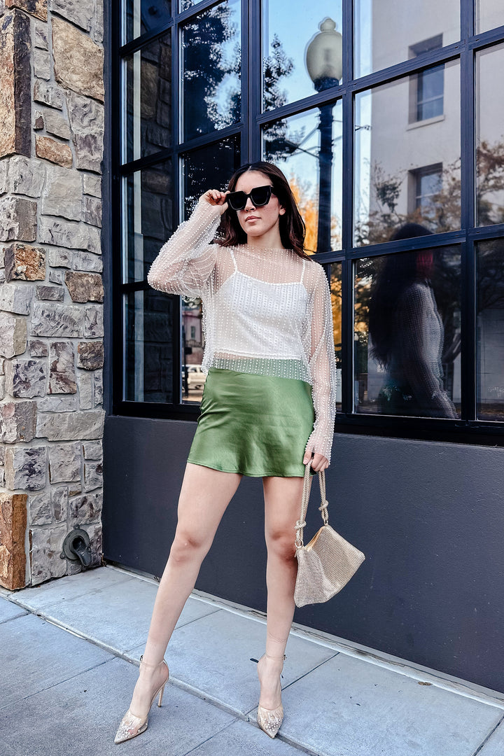 The Reflection Pool Dark Olive Satin Mini Skirt