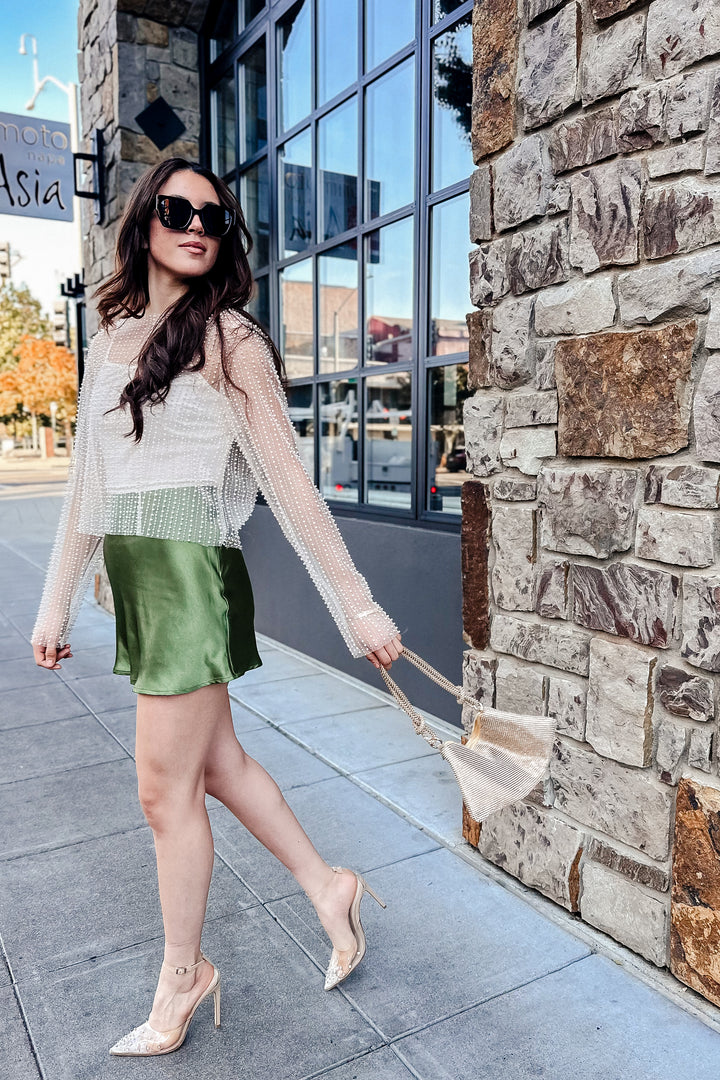 The Reflection Pool Dark Olive Satin Mini Skirt