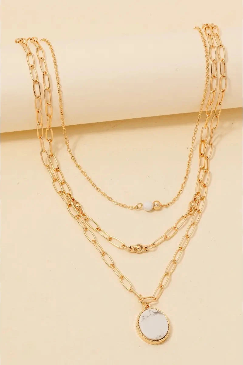 Stone Oval Pendant and Bead Layered Chains Necklace