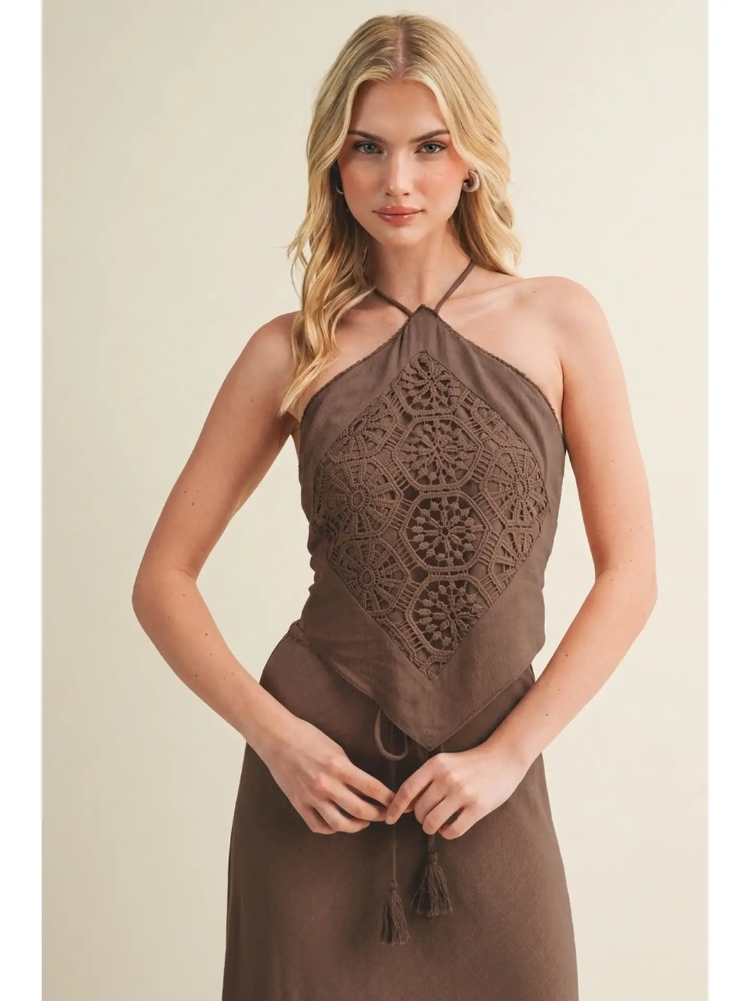 The Festival Crochet Medallion Pointed Hem Halter Top