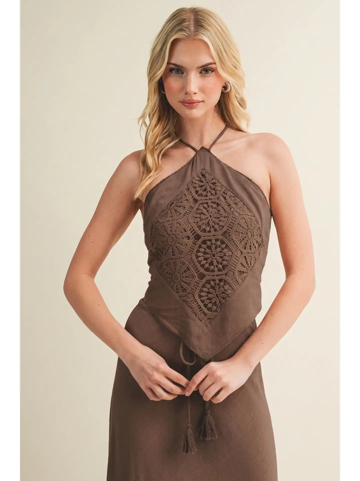 The Festival Crochet Medallion Pointed Hem Halter Top