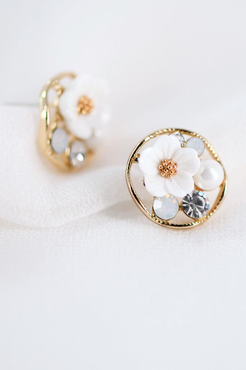 White Multi-Crystal Flower Bridal Stud Earrings