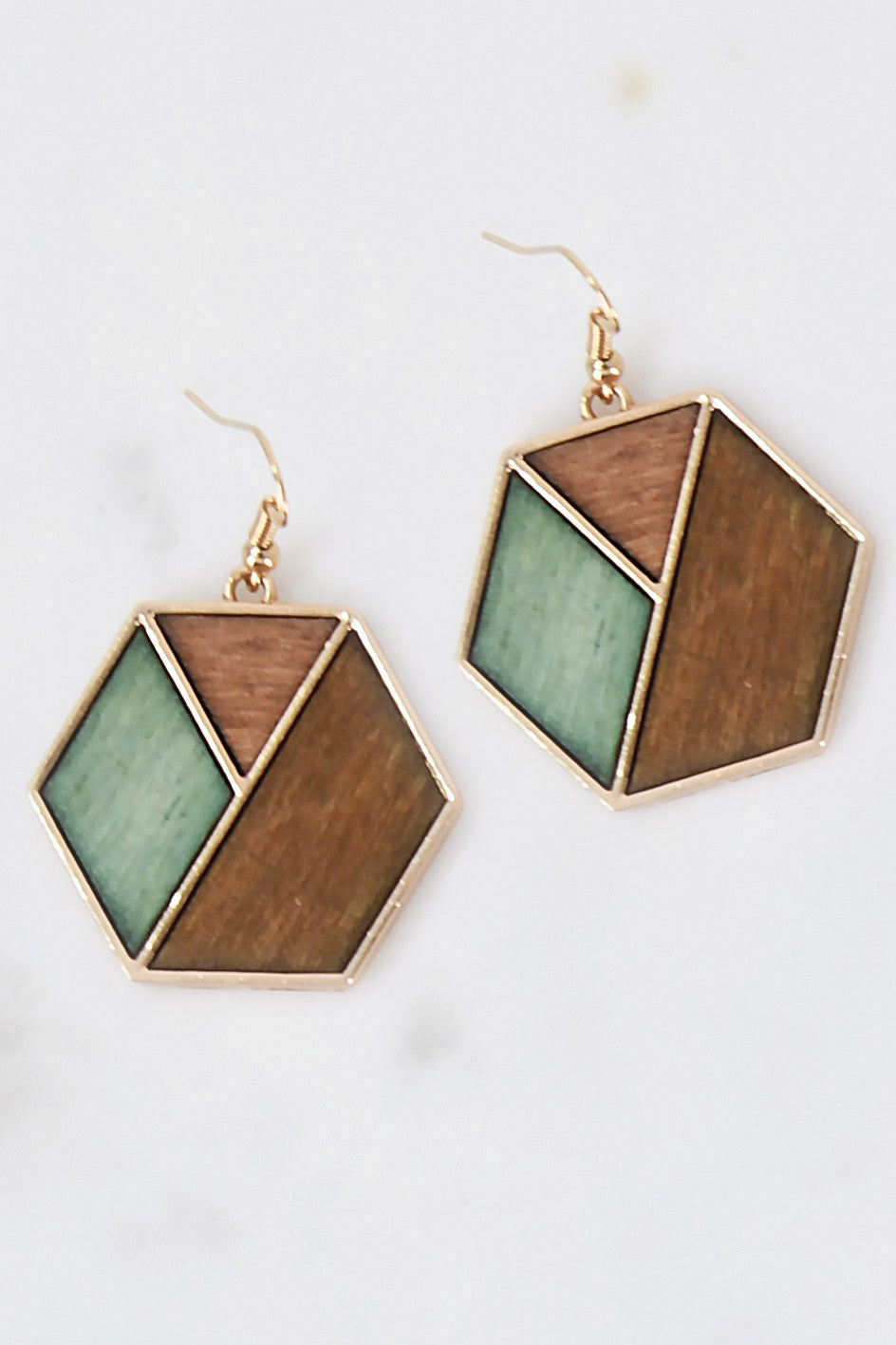 Multicolor Hexagon Wood Drop Earrings