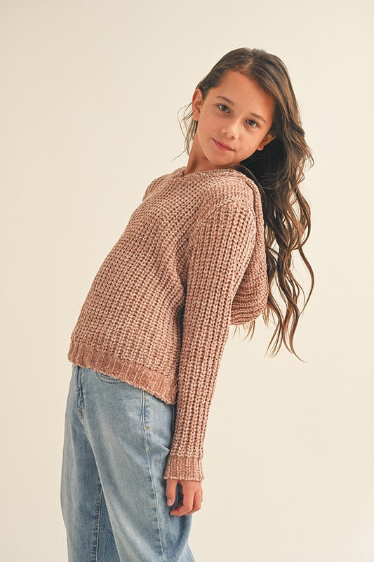The Girls Beige Hooded Chenille Knit Sweater