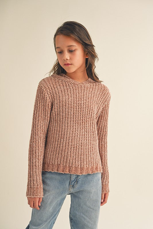 The Girls Beige Hooded Chenille Knit Sweater