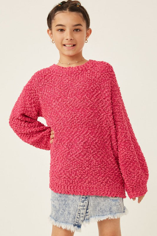 Girls Popcorn Cream Knit Pullover Sweater