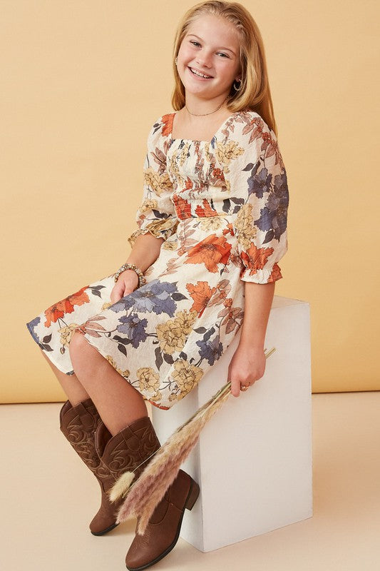 Girls Cream and Rust Floral Print Dress
