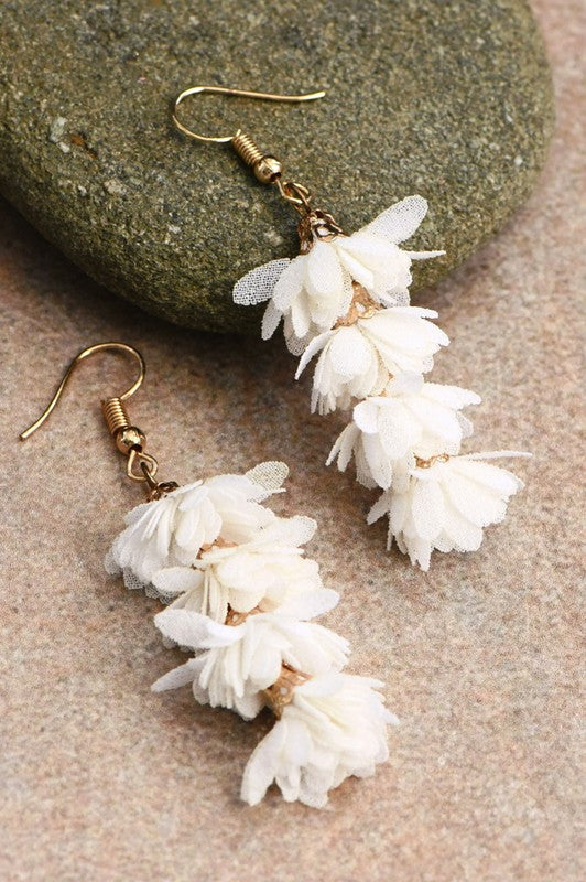 White Fabric Flower Drop Earrings
