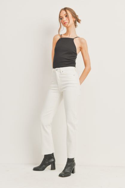 The Camila Cream High Rise Cutoff Straight Leg Jeans