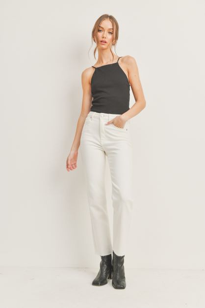 The Camila Cream High Rise Cutoff Straight Leg Jeans