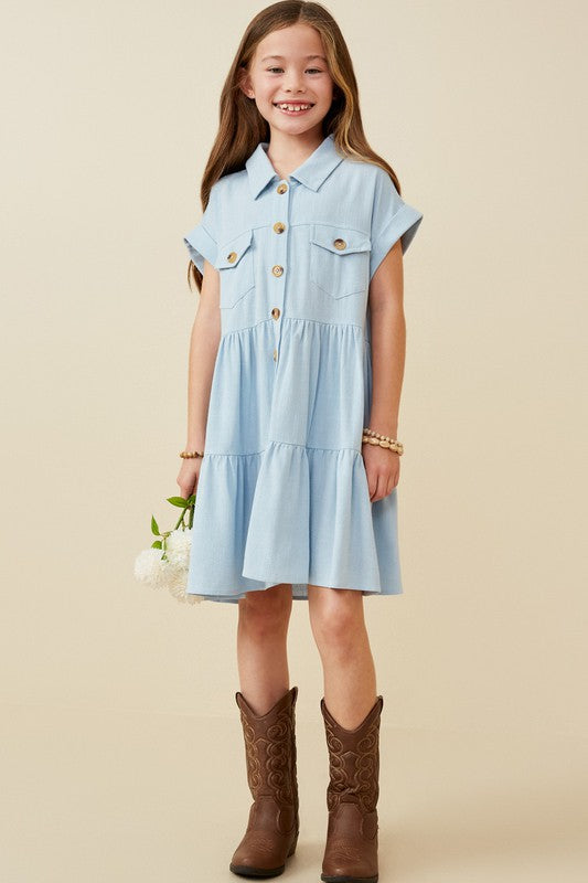 Girls Chambray Button Down Collared Dress