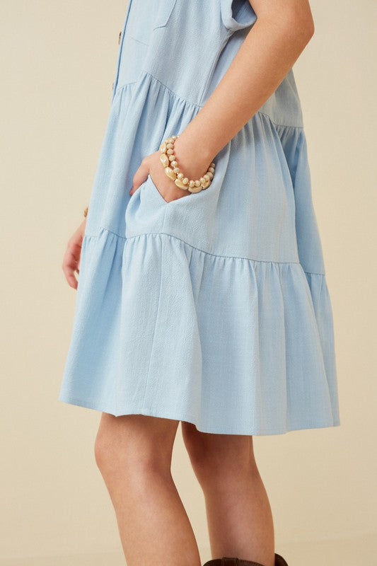 Girls Chambray Button Down Collared Dress