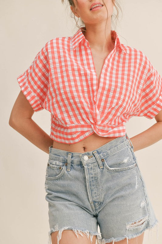 The Picnic Perfect Gingham Twist Front Cropped Top
