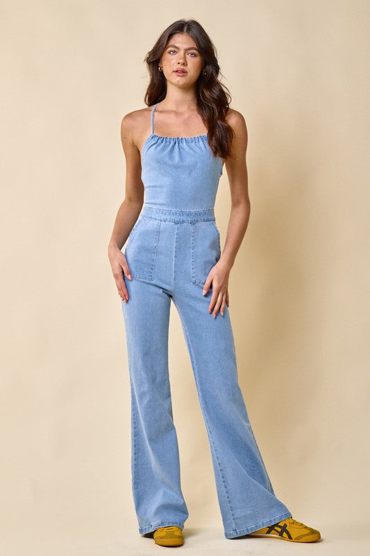 The Lacey Tie Back Denim Bell Bottom Jumpsuit